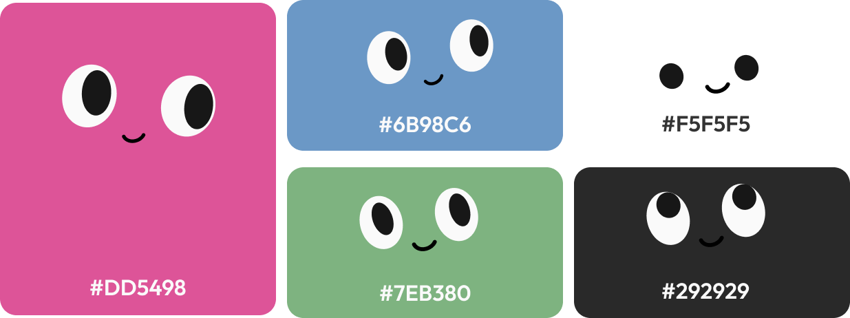 Giggles color palette — pink #DD5498, blue #6B98C6, green #7EB380, white #F5F5F5, and dark #292929 with cute mascot faces